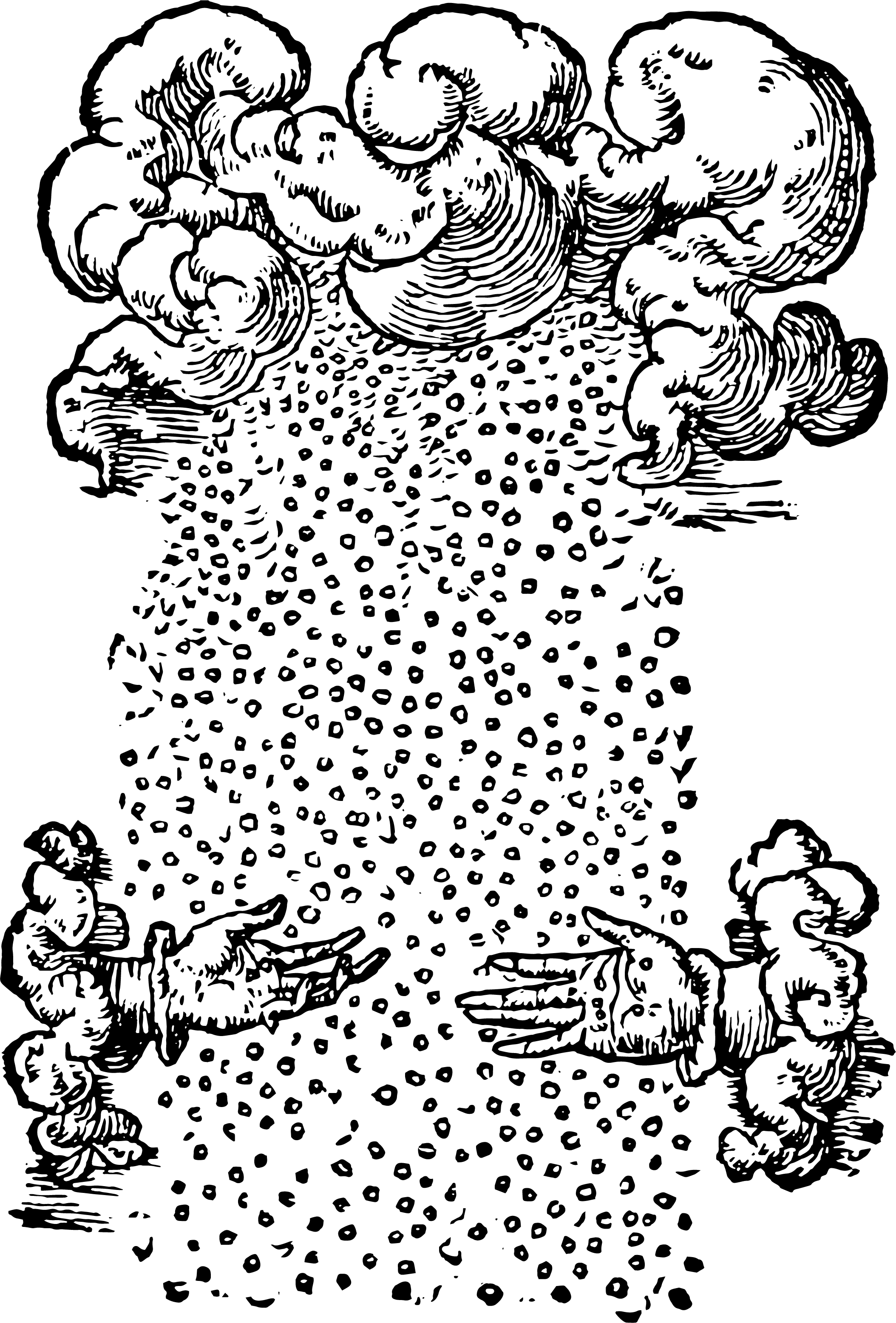 illustration of a cloud with rain pouring down and hands receiving the rain